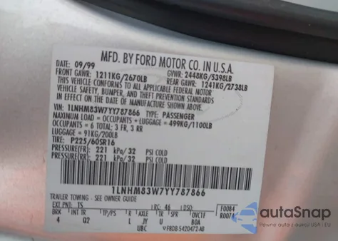 2000 Lincoln Town Car Cartier z USA, uszkodzony, nr VIN 1LNHM83W7YY787866